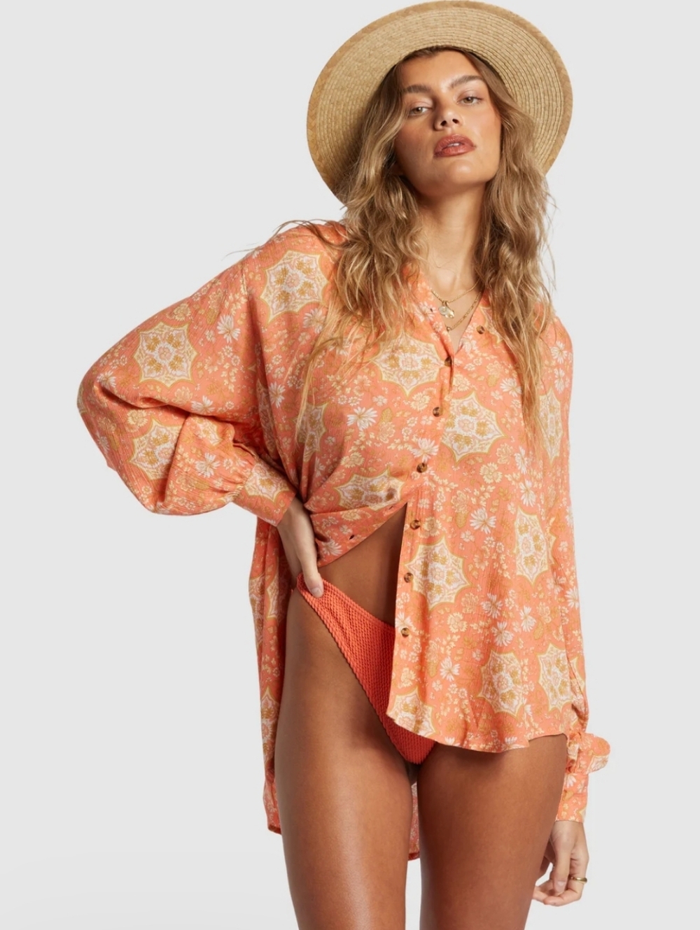 Billabong Coral Orange Printed Button-Up Swim Coverup Women's Small